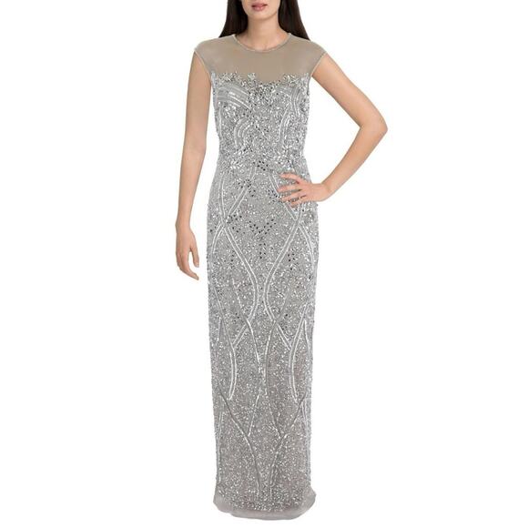 Aidan Mattox Women’s Silver Embellished Open Back Evening Dress Gown Sz 14 - Picture 1 of 10